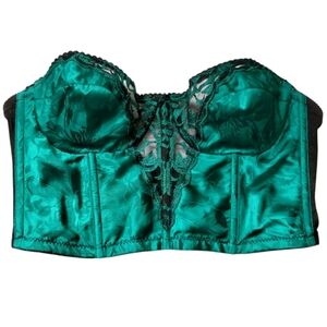 Vintage 70s Victoria's Secret Green & Black Bustier Bra Size 36B Floral Satin